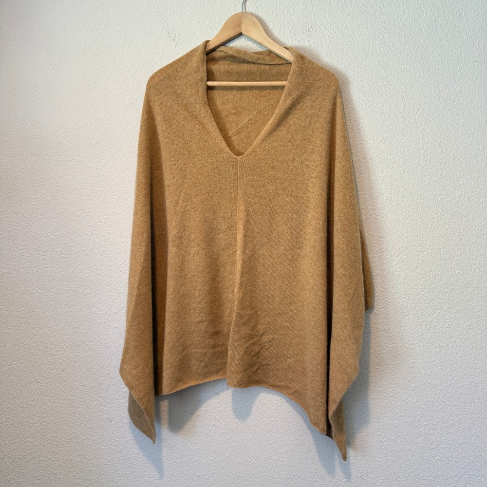 Alashan 100% Cashmere V-Neck Poncho Wrap Camel Tan Asymmetric Layered Back OS